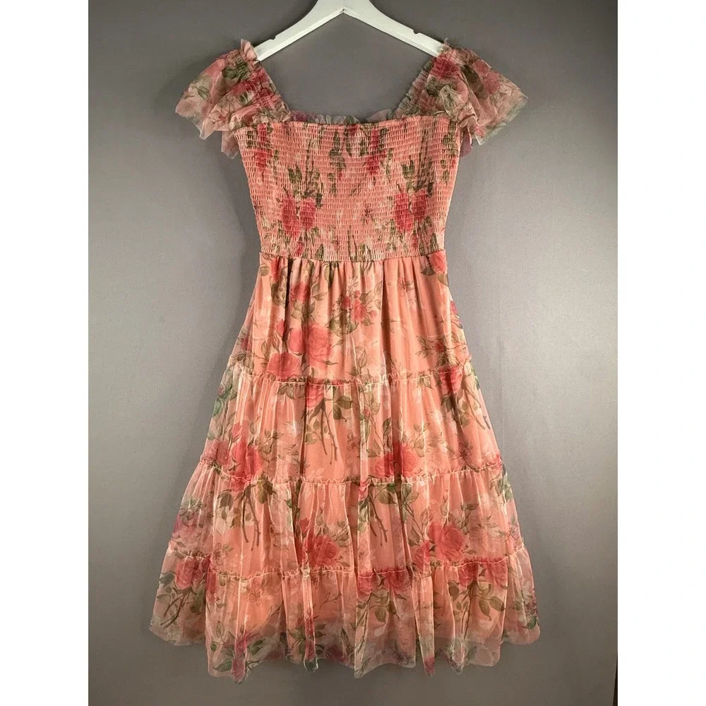 Baltic Born Clementine Tulle Dress Women XL Pink Floral Smocked Midi Cottage NEW - Picture 1 of 10